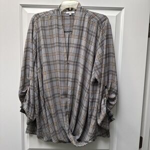 Pleione Wrap Blouse Roll Tab Sleeve Gray/Tan Plaid Women's Plus 2X